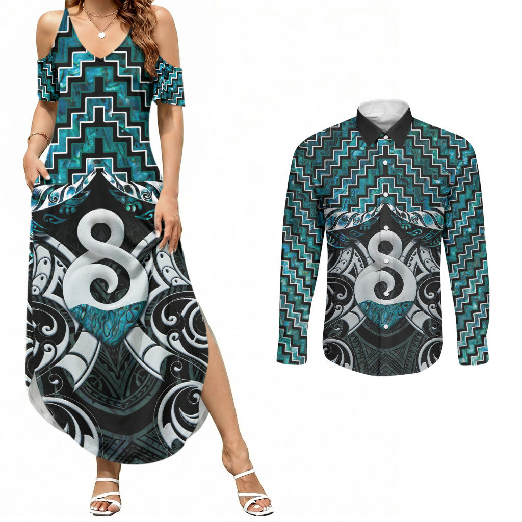 New Zealand Maori Couples Matching Summer Maxi Dress and Long Sleeve Button Shirt Poutama Pikorua - Single Twist Paua Shell