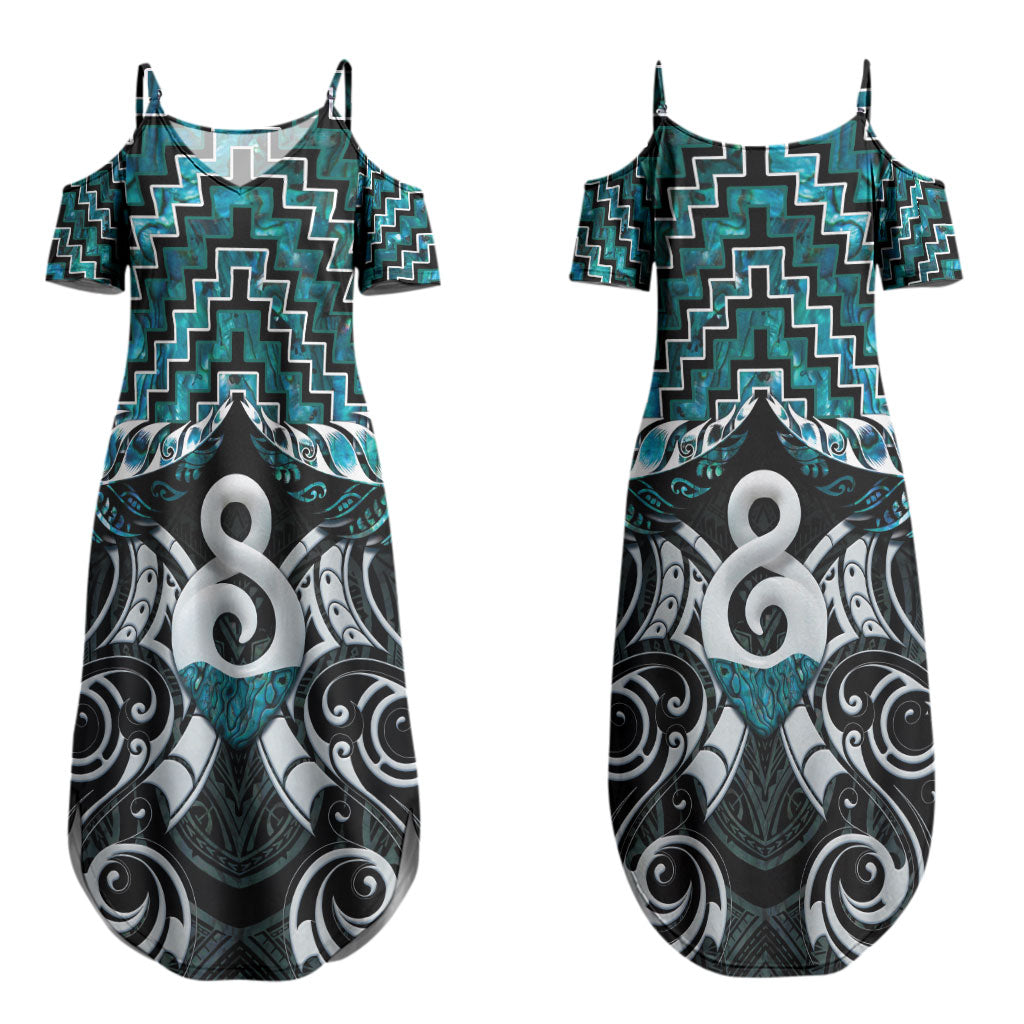 New Zealand Maori Couples Matching Summer Maxi Dress and Long Sleeve Button Shirt Poutama Pikorua - Single Twist Paua Shell