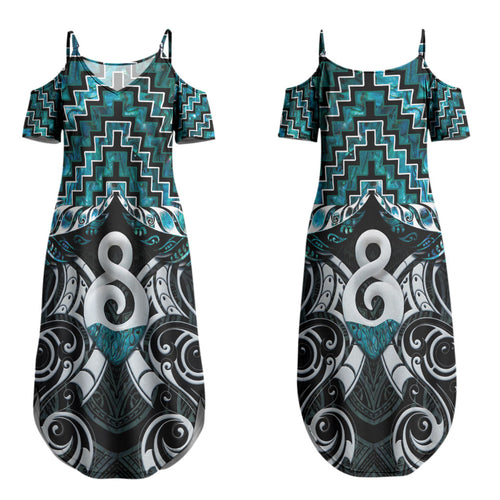 New Zealand Maori Couples Matching Summer Maxi Dress and Long Sleeve Button Shirt Poutama Pikorua - Single Twist Paua Shell