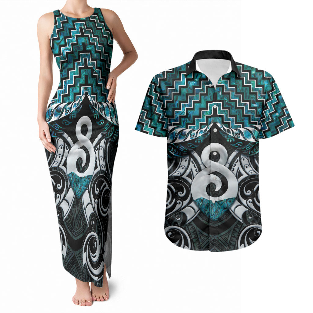 New Zealand Maori Couples Matching Tank Maxi Dress and Hawaiian Shirt Poutama Pikorua - Single Twist Paua Shell