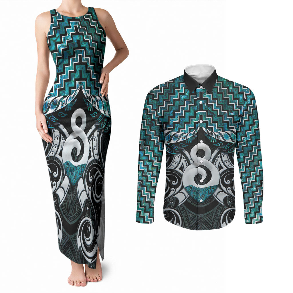New Zealand Maori Couples Matching Tank Maxi Dress and Long Sleeve Button Shirt Poutama Pikorua - Single Twist Paua Shell