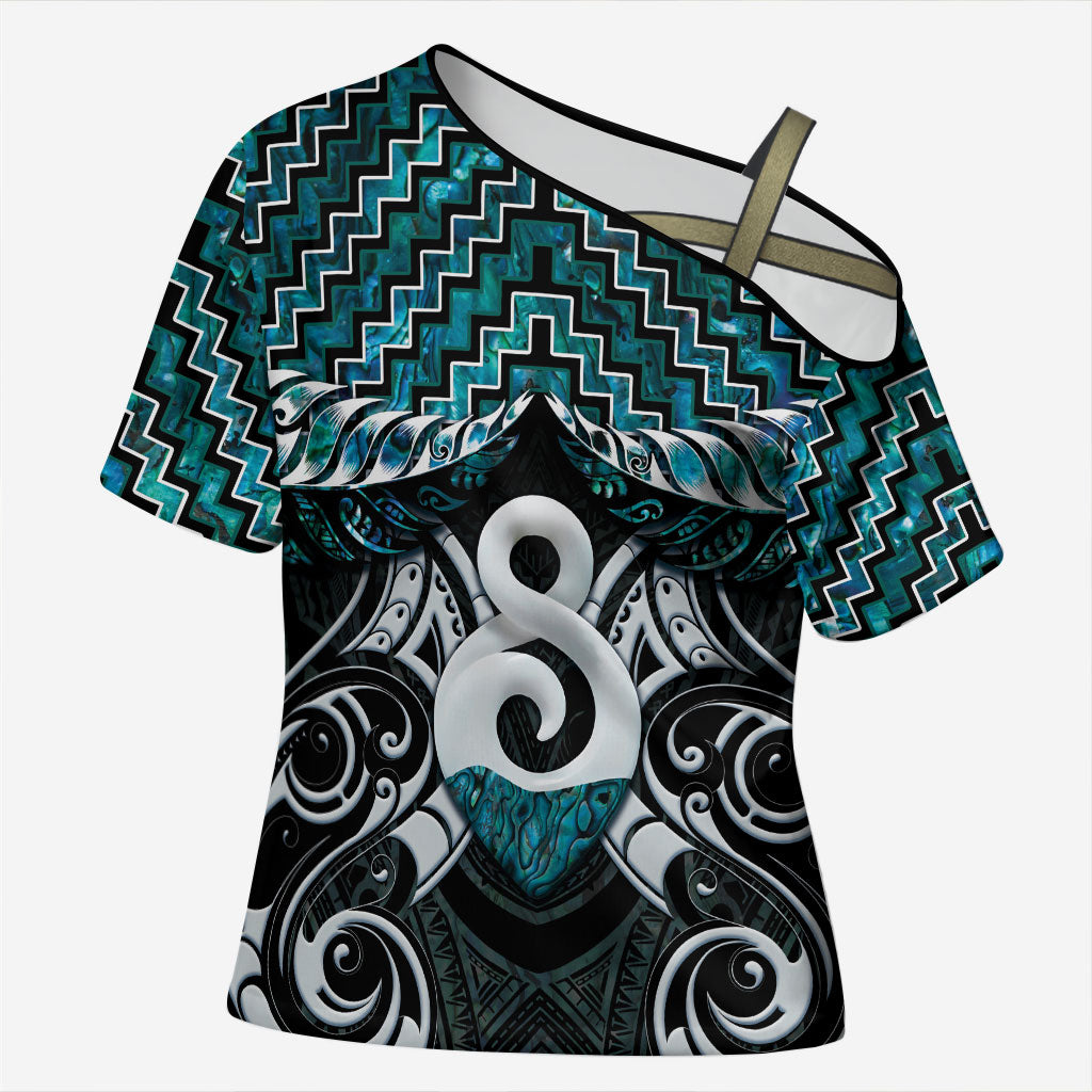 New Zealand Maori Cross Shoulder Shirt Poutama Pikorua - Single Twist Paua Shell