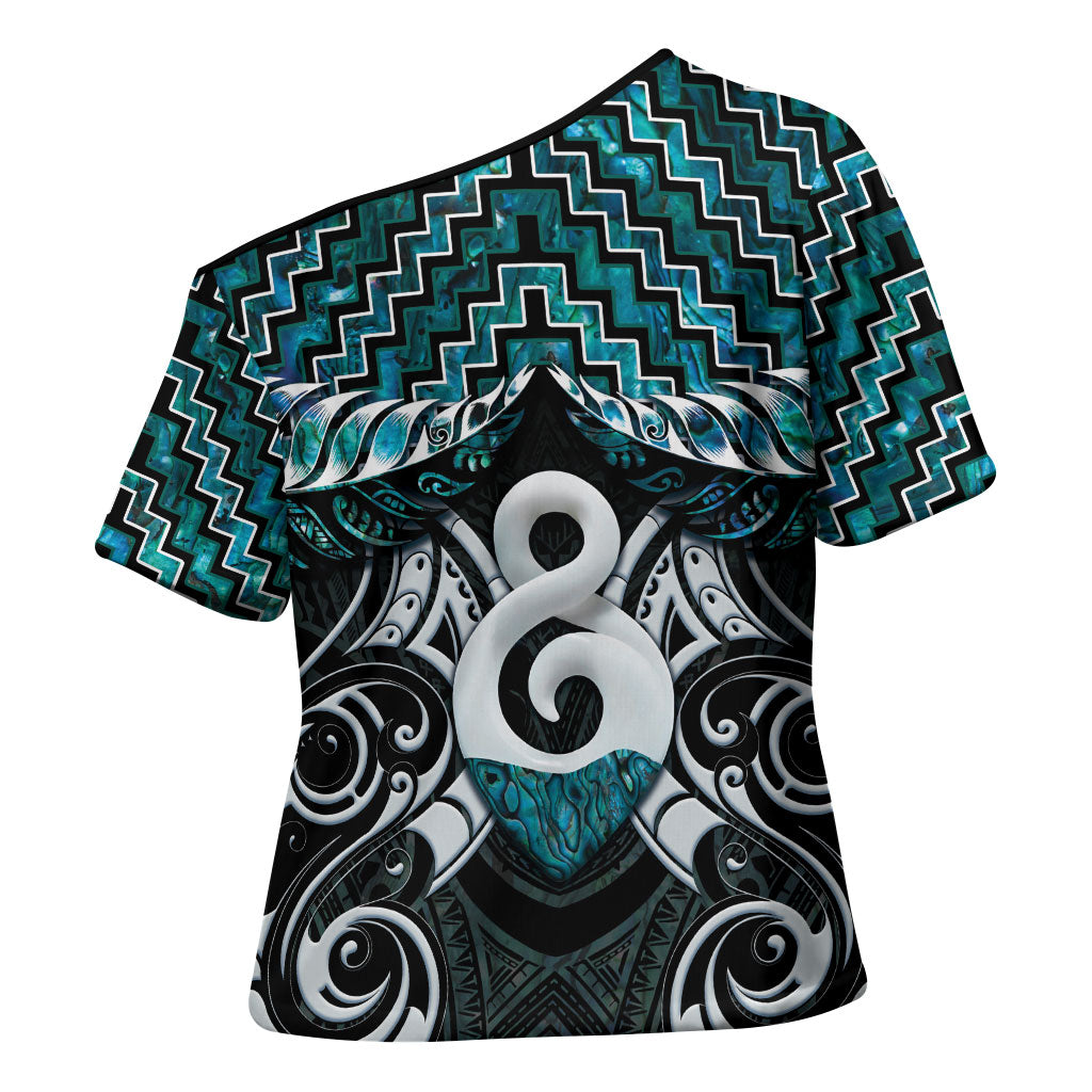 New Zealand Maori Cross Shoulder Shirt Poutama Pikorua - Single Twist Paua Shell