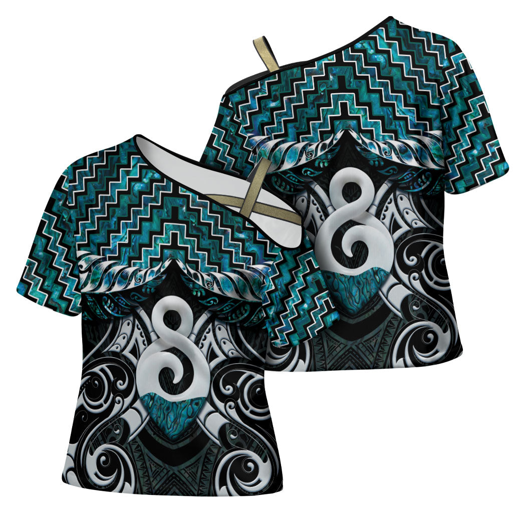 New Zealand Maori Cross Shoulder Shirt Poutama Pikorua - Single Twist Paua Shell