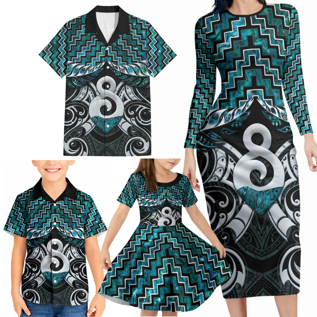 New Zealand Maori Family Matching Long Sleeve Bodycon Dress and Hawaiian Shirt Poutama Pikorua - Single Twist Paua Shell