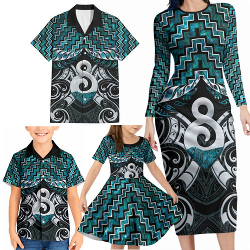 New Zealand Maori Family Matching Long Sleeve Bodycon Dress and Hawaiian Shirt Poutama Pikorua - Single Twist Paua Shell