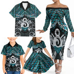 New Zealand Maori Family Matching Off The Shoulder Long Sleeve Dress and Hawaiian Shirt Poutama Pikorua - Single Twist Paua Shell