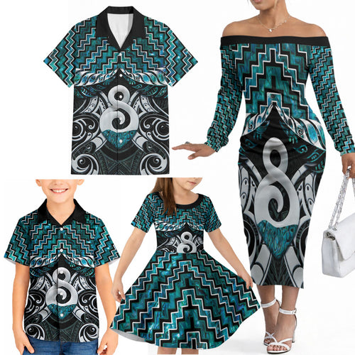 New Zealand Maori Family Matching Off The Shoulder Long Sleeve Dress and Hawaiian Shirt Poutama Pikorua - Single Twist Paua Shell