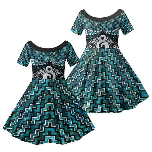 New Zealand Maori Family Matching Off The Shoulder Long Sleeve Dress and Hawaiian Shirt Poutama Pikorua - Single Twist Paua Shell