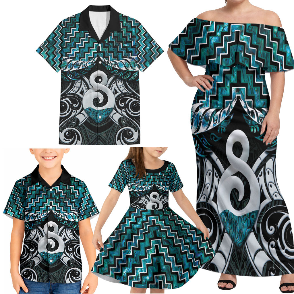 New Zealand Maori Family Matching Off Shoulder Maxi Dress and Hawaiian Shirt Poutama Pikorua - Single Twist Paua Shell
