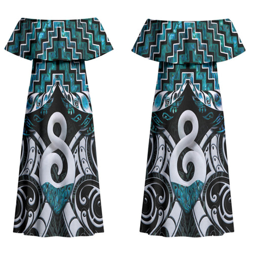 New Zealand Maori Family Matching Off Shoulder Maxi Dress and Hawaiian Shirt Poutama Pikorua - Single Twist Paua Shell
