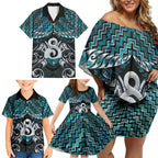 New Zealand Maori Family Matching Off Shoulder Short Dress and Hawaiian Shirt Poutama Pikorua - Single Twist Paua Shell