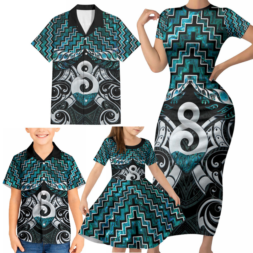 New Zealand Maori Family Matching Short Sleeve Bodycon Dress and Hawaiian Shirt Poutama Pikorua - Single Twist Paua Shell
