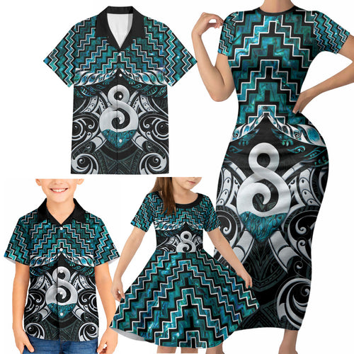 New Zealand Maori Family Matching Short Sleeve Bodycon Dress and Hawaiian Shirt Poutama Pikorua - Single Twist Paua Shell