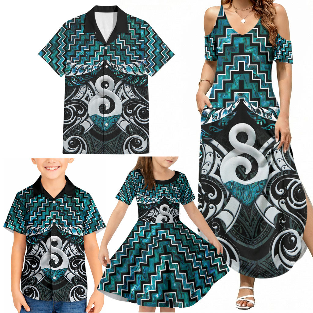 New Zealand Maori Family Matching Summer Maxi Dress and Hawaiian Shirt Poutama Pikorua - Single Twist Paua Shell