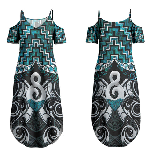 New Zealand Maori Family Matching Summer Maxi Dress and Hawaiian Shirt Poutama Pikorua - Single Twist Paua Shell