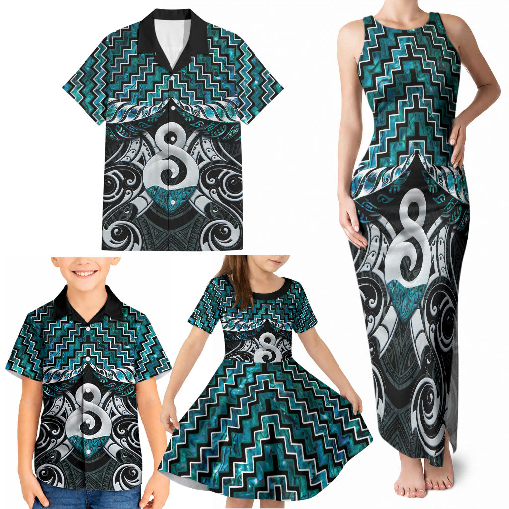 New Zealand Maori Family Matching Tank Maxi Dress and Hawaiian Shirt Poutama Pikorua - Single Twist Paua Shell