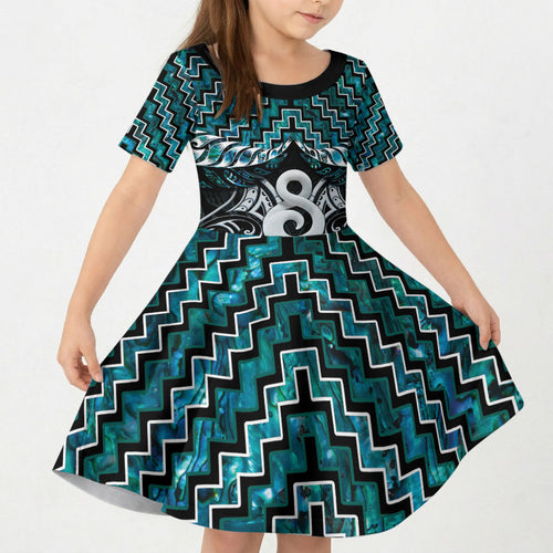 New Zealand Maori Kid Short Sleeve Dress Poutama Pikorua - Single Twist Paua Shell
