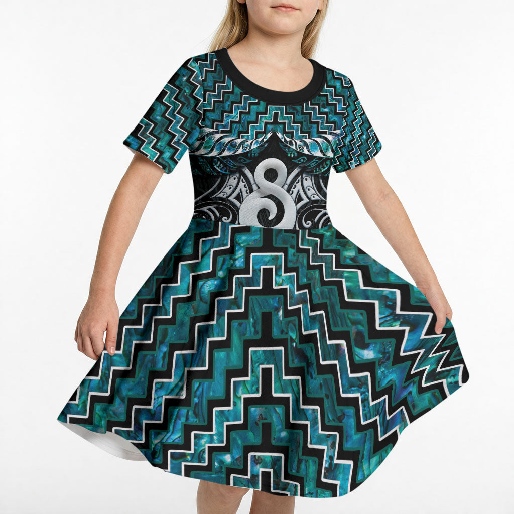 New Zealand Maori Kid Short Sleeve Dress Poutama Pikorua - Single Twist Paua Shell