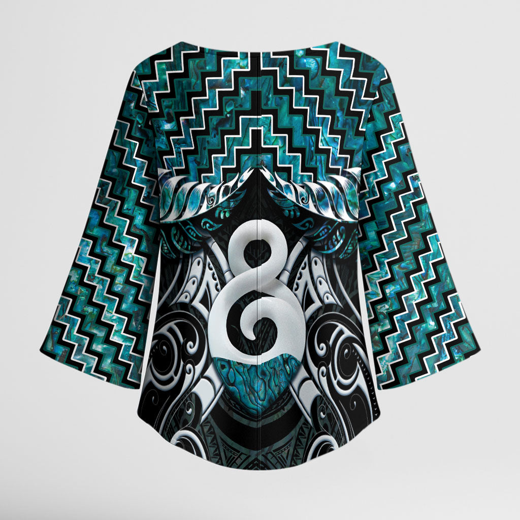 New Zealand Maori Kimono Sleeve Blouse Poutama Pikorua - Single Twist Paua Shell