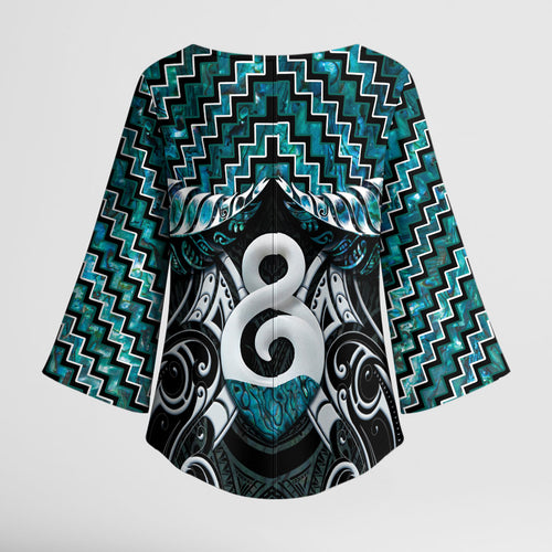 New Zealand Maori Kimono Sleeve Blouse Poutama Pikorua - Single Twist Paua Shell