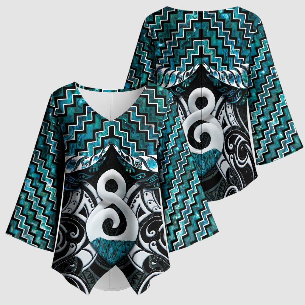 New Zealand Maori Kimono Sleeve Blouse Poutama Pikorua - Single Twist Paua Shell