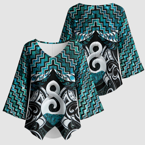 New Zealand Maori Kimono Sleeve Blouse Poutama Pikorua - Single Twist Paua Shell
