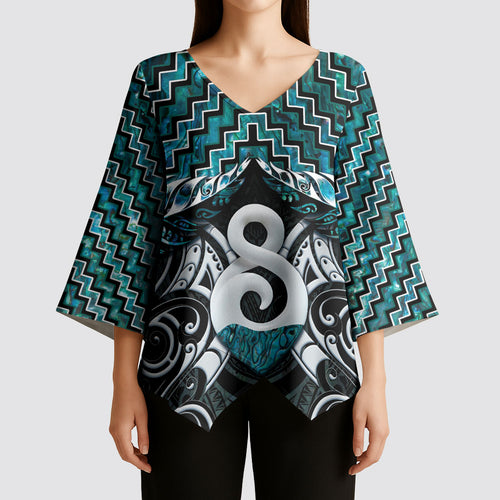 New Zealand Maori Kimono Sleeve Blouse Poutama Pikorua - Single Twist Paua Shell