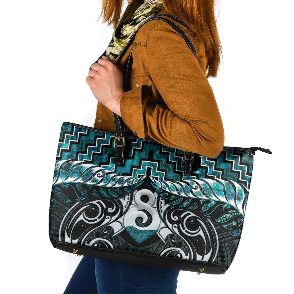 New Zealand Maori Leather Tote Bag Poutama Pikorua - Single Twist Paua Shell