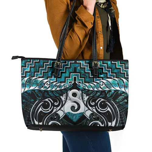New Zealand Maori Leather Tote Bag Poutama Pikorua - Single Twist Paua Shell