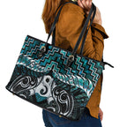 New Zealand Maori Leather Tote Bag Poutama Pikorua - Single Twist Paua Shell