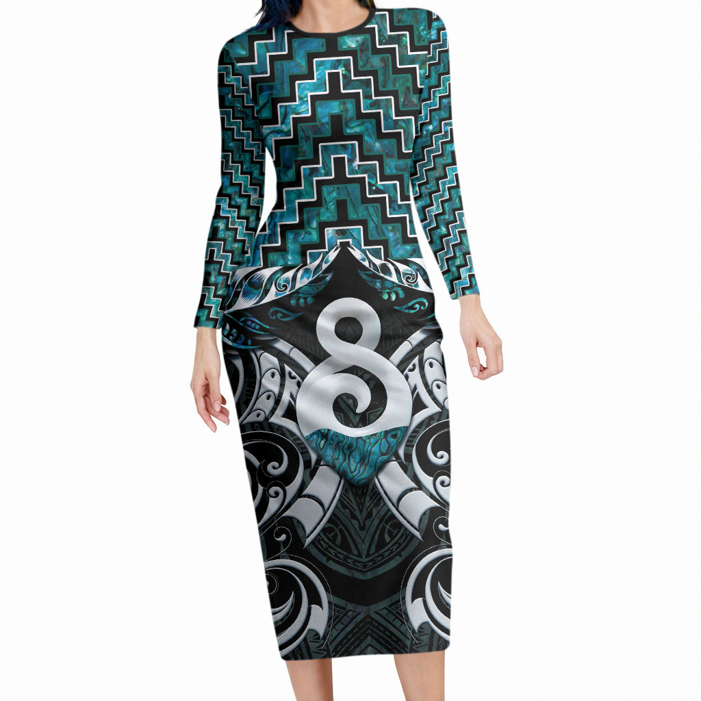 New Zealand Maori Long Sleeve Bodycon Dress Poutama Pikorua - Single Twist Paua Shell LT05