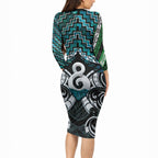 New Zealand Maori Long Sleeve Bodycon Dress Poutama Pikorua - Single Twist Paua Shell