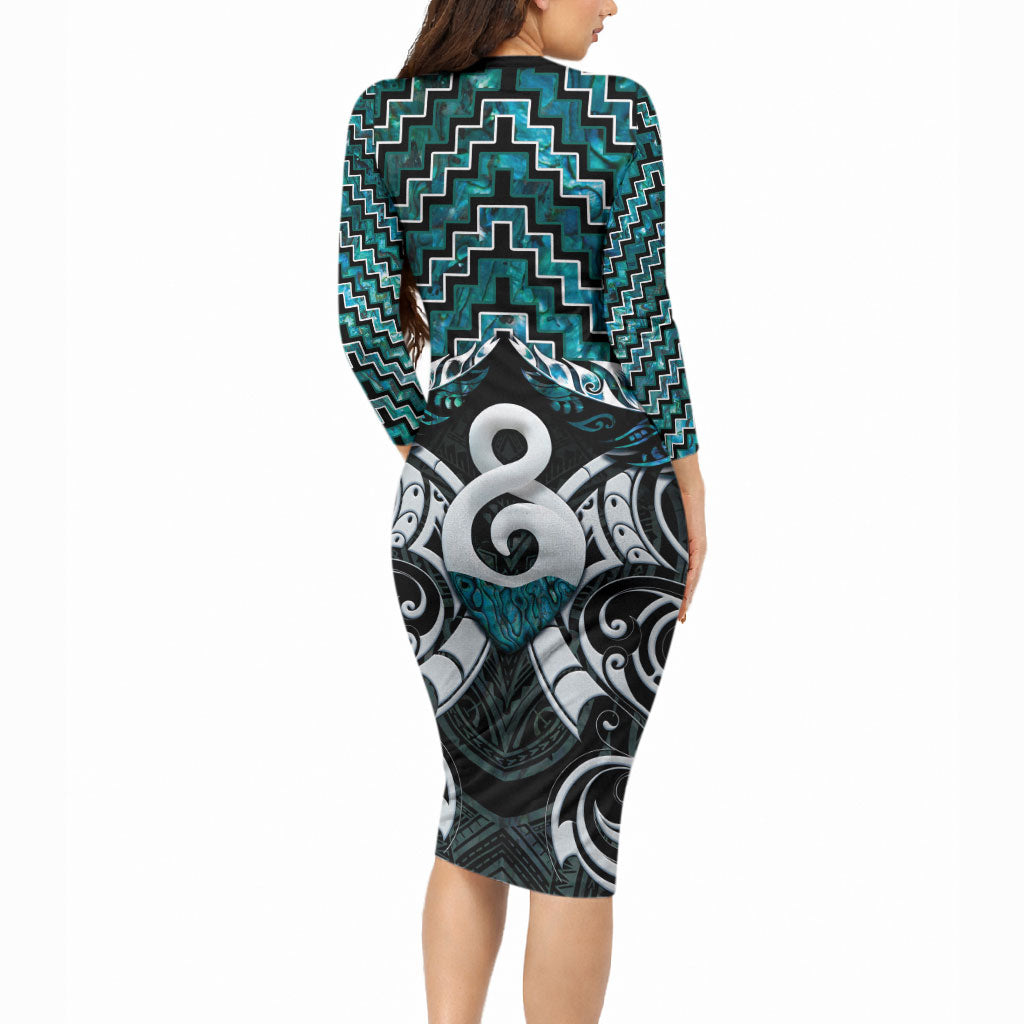 New Zealand Maori Long Sleeve Bodycon Dress Poutama Pikorua - Single Twist Paua Shell LT05