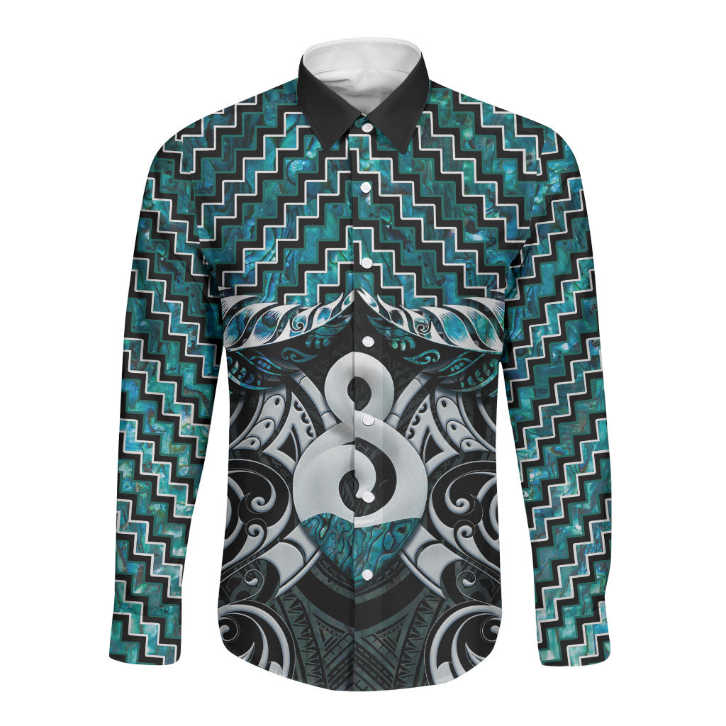New Zealand Maori Long Sleeve Button Shirt Poutama Pikorua - Single Twist Paua Shell