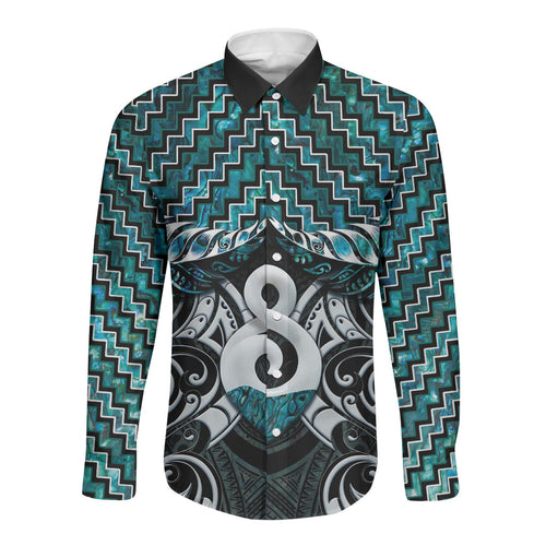 New Zealand Maori Long Sleeve Button Shirt Poutama Pikorua - Single Twist Paua Shell