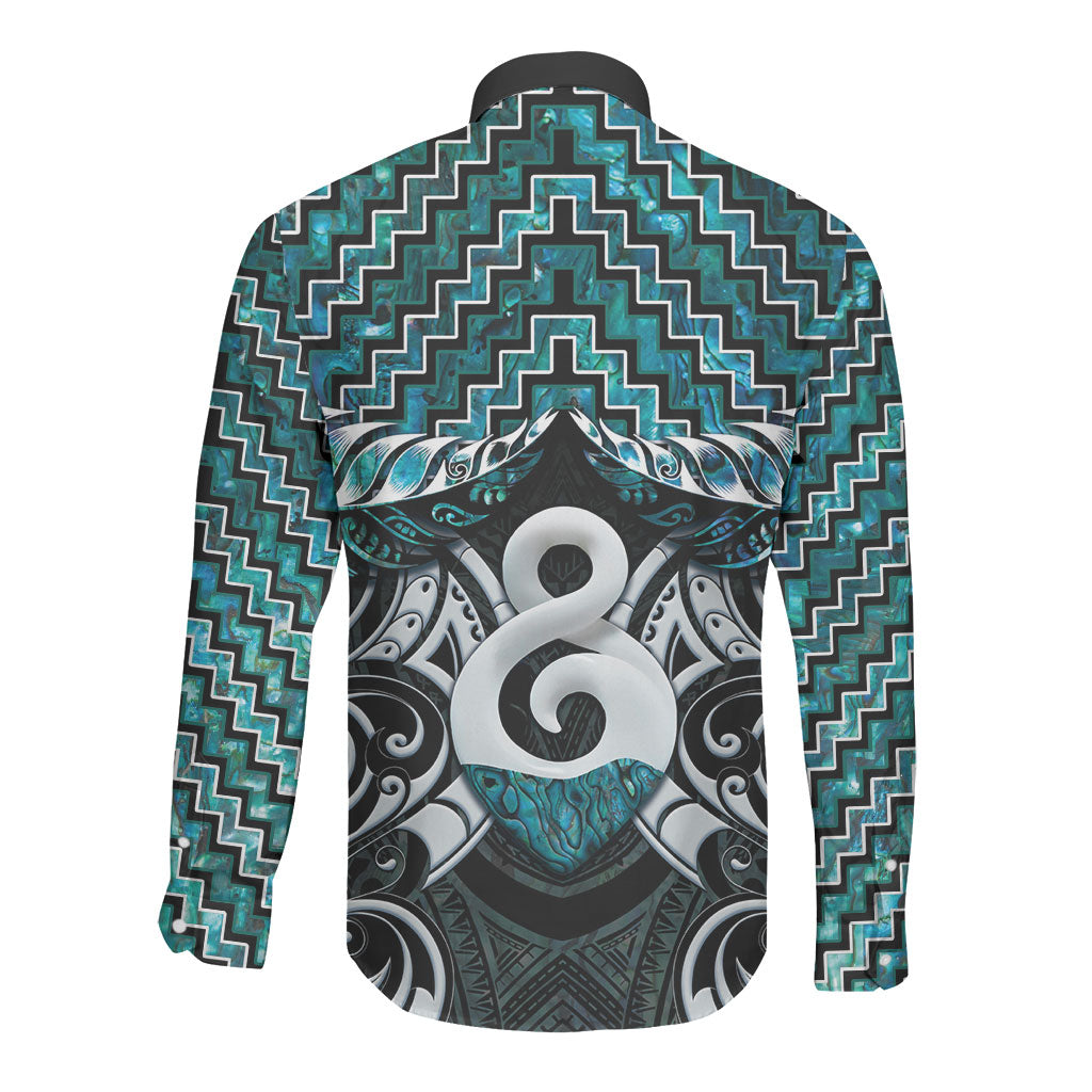 New Zealand Maori Long Sleeve Button Shirt Poutama Pikorua - Single Twist Paua Shell