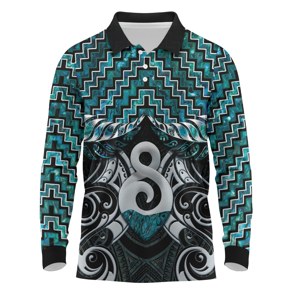 New Zealand Maori Long Sleeve Polo Shirt Poutama Pikorua - Single Twist Paua Shell