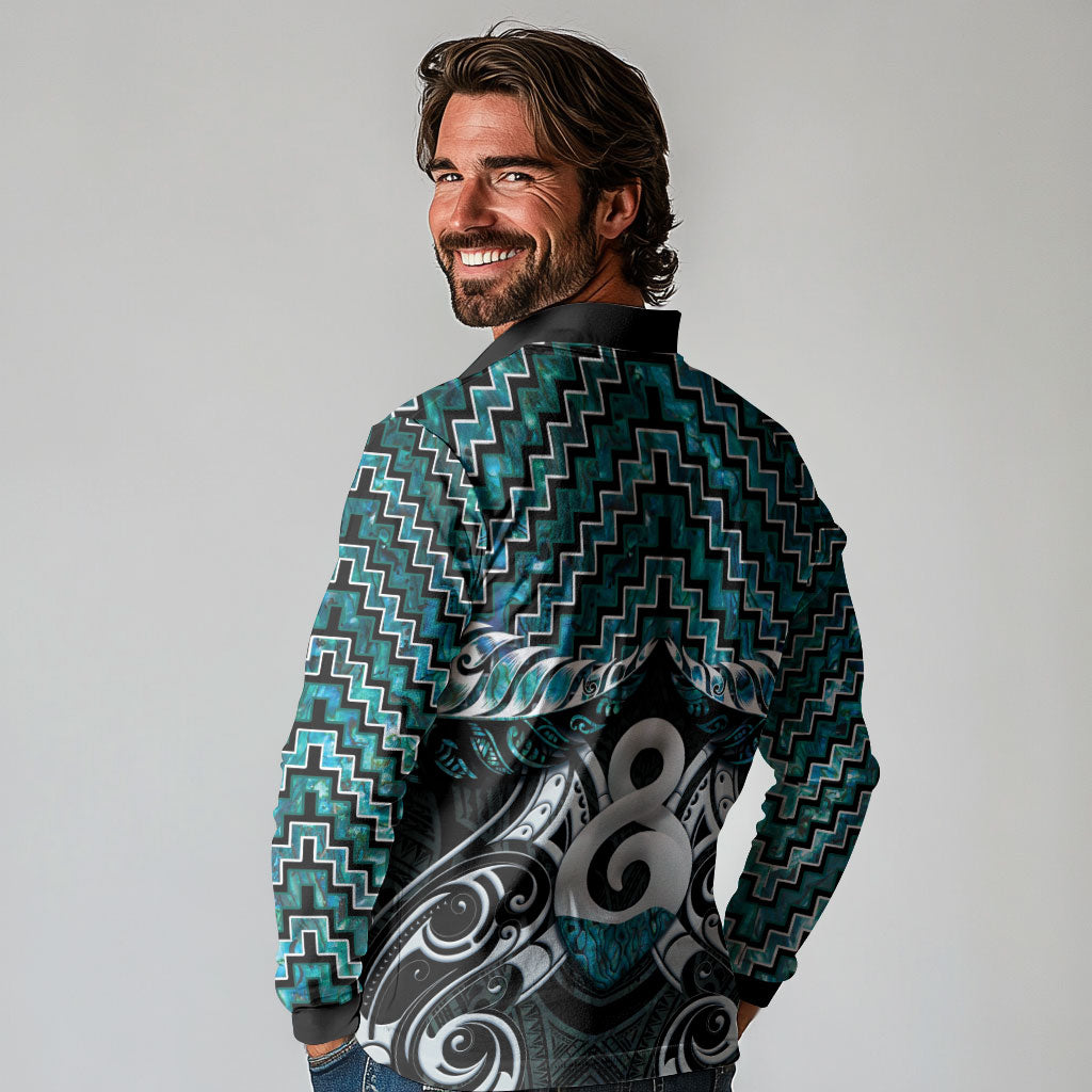 New Zealand Maori Long Sleeve Polo Shirt Poutama Pikorua - Single Twist Paua Shell
