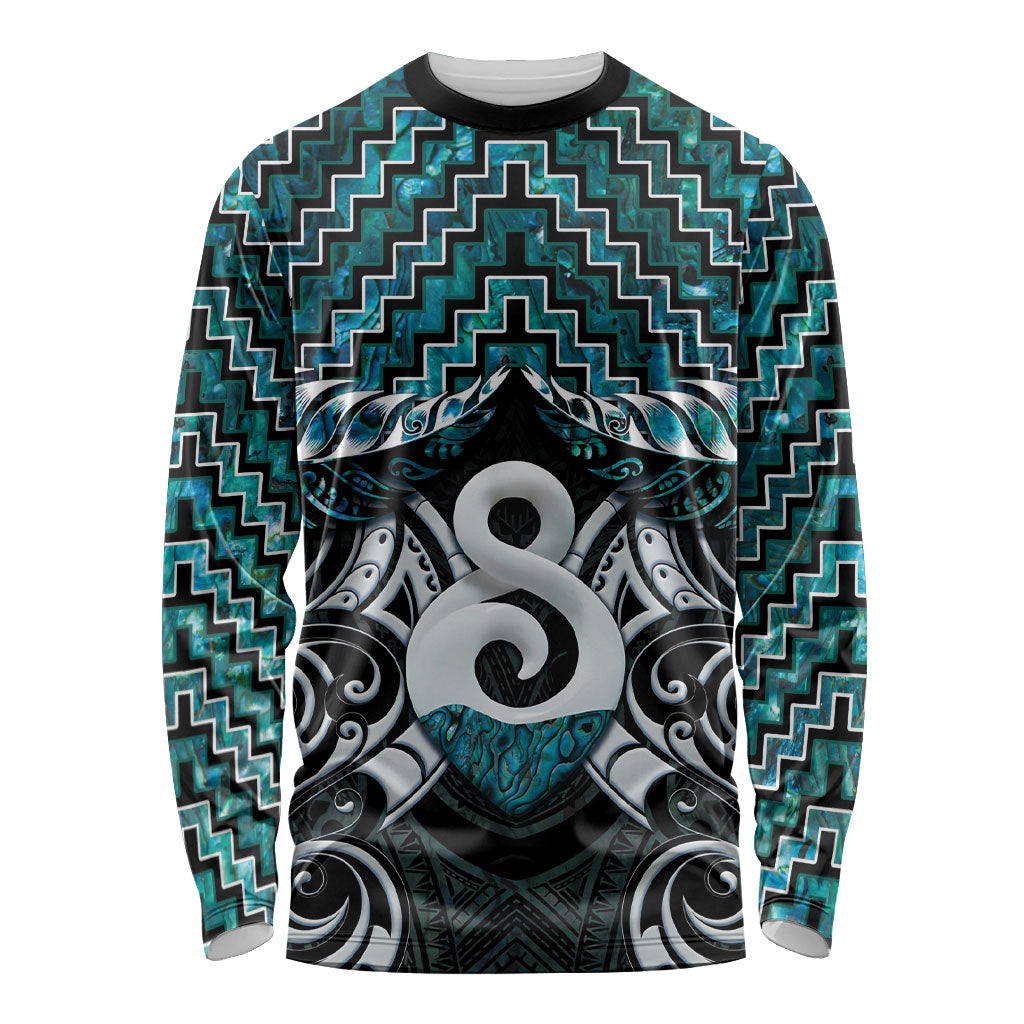 New Zealand Maori Long Sleeve Shirt Poutama Pikorua - Single Twist Paua Shell