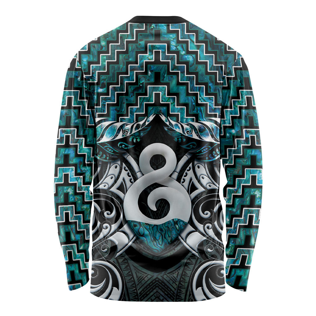New Zealand Maori Long Sleeve Shirt Poutama Pikorua - Single Twist Paua Shell