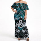 New Zealand Maori Off Shoulder Maxi Dress Poutama Pikorua - Single Twist Paua Shell