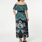 New Zealand Maori Off Shoulder Maxi Dress Poutama Pikorua - Single Twist Paua Shell