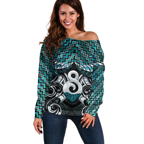 New Zealand Maori Off Shoulder Sweater Poutama Pikorua - Single Twist Paua Shell