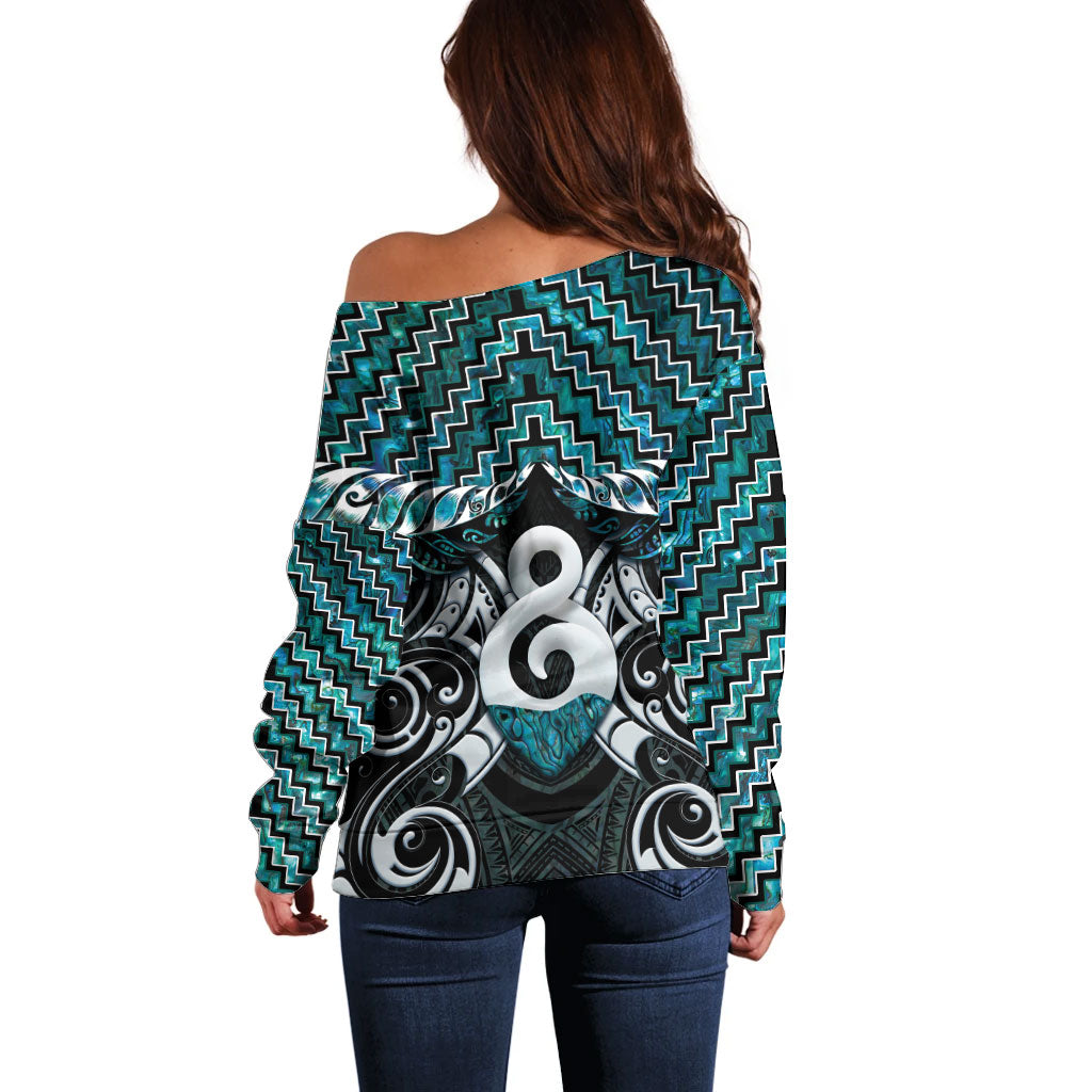 New Zealand Maori Off Shoulder Sweater Poutama Pikorua - Single Twist Paua Shell