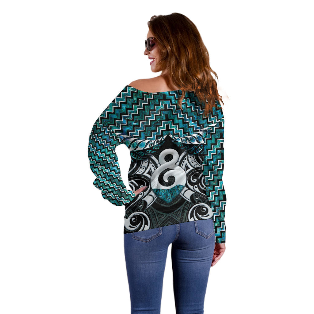 New Zealand Maori Off Shoulder Sweater Poutama Pikorua - Single Twist Paua Shell