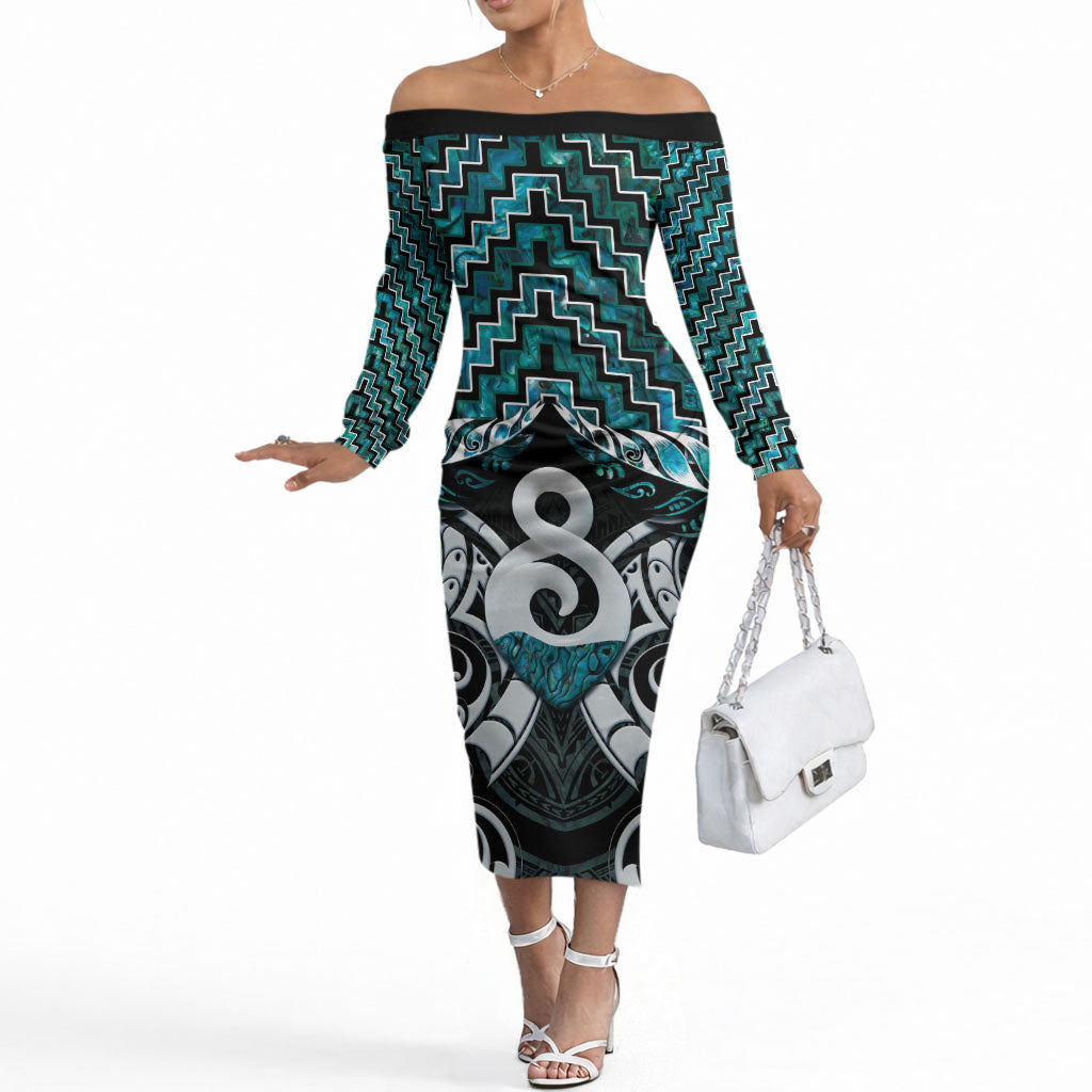 New Zealand Maori Off The Shoulder Long Sleeve Dress Poutama Pikorua - Single Twist Paua Shell