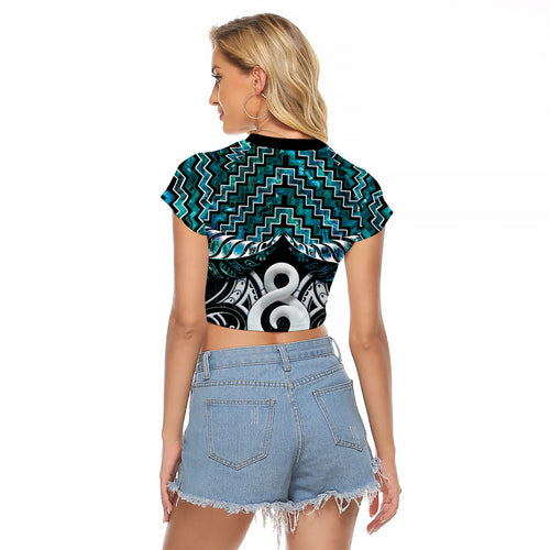 New Zealand Maori Raglan Cropped T Shirt Poutama Pikorua - Single Twist Paua Shell