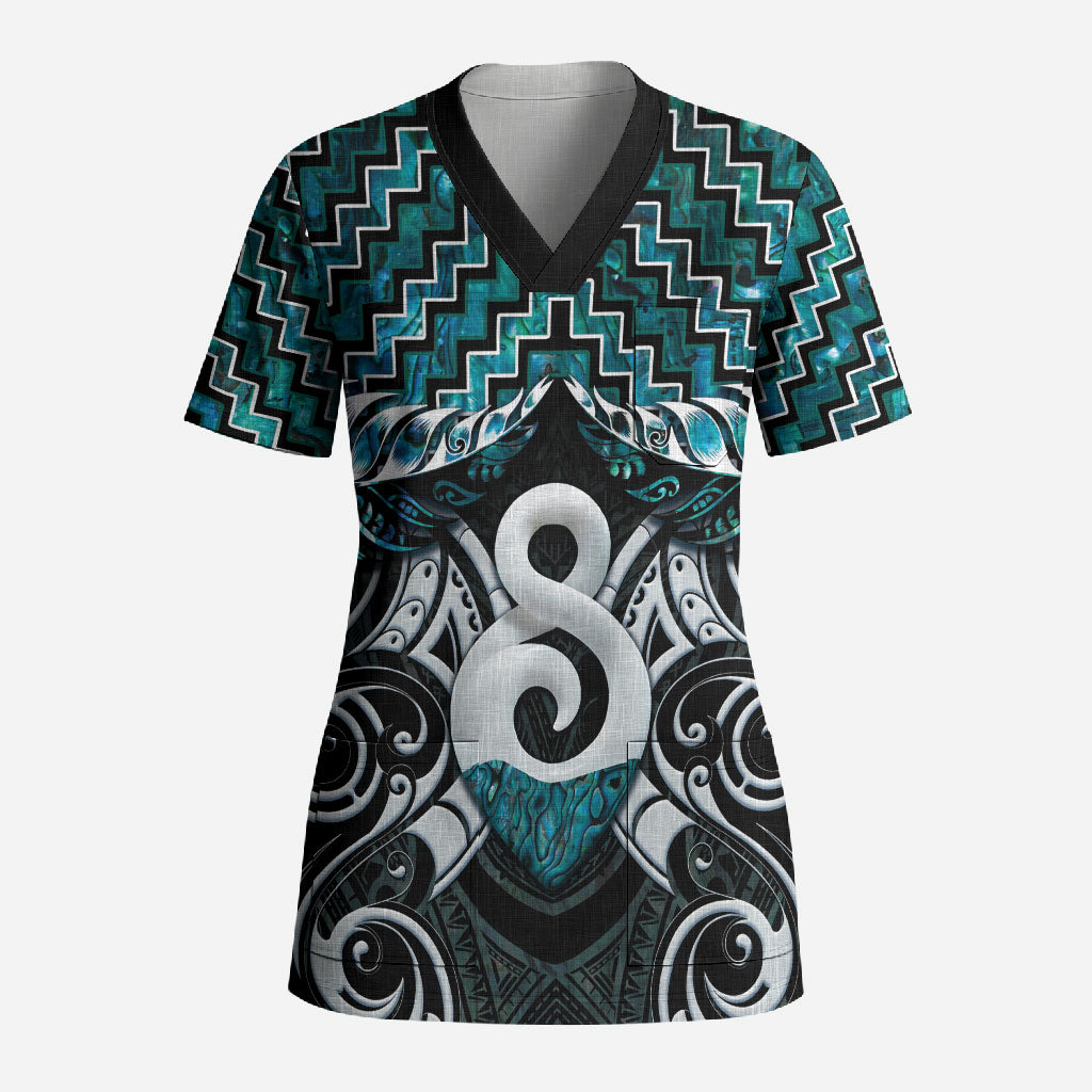 New Zealand Maori Scrub Top Poutama Pikorua - Single Twist Paua Shell