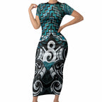 New Zealand Maori Short Sleeve Bodycon Dress Poutama Pikorua - Single Twist Paua Shell